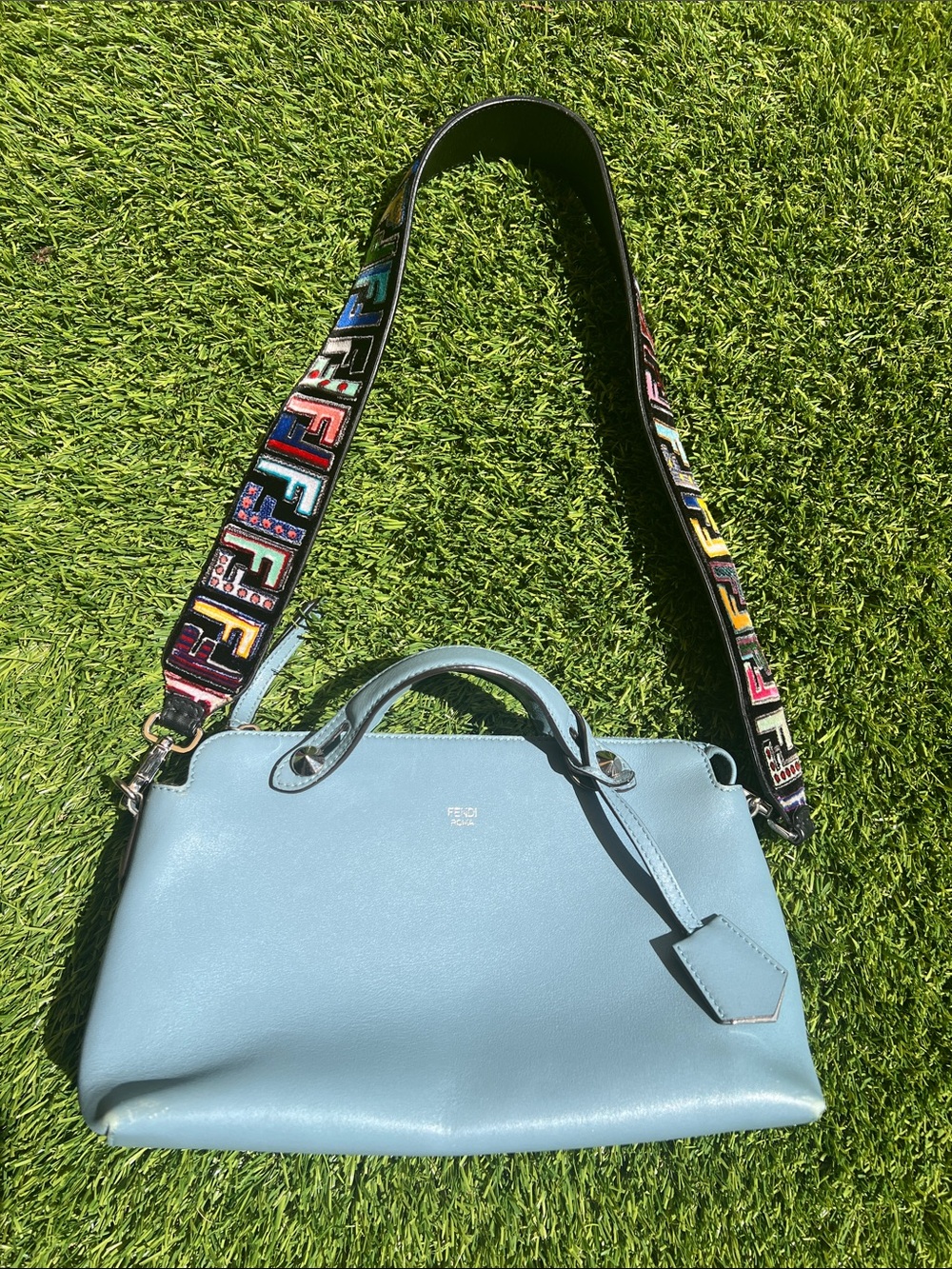 Fendi by the way Light Blue Leather Tote with Multicolor FF velour Strap